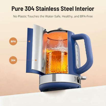 PARIS RHÔNE Retro Stainless Steel Electric Kettle, 1.7L Cordless Hot Water Tea Kettle with Thermometer, 1500W Fast Heating, LED Indicator, Auto Shut-Off & Boil Dry Protection