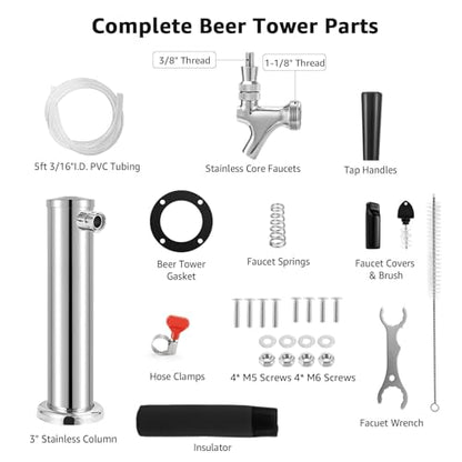 Kegerator Single Tap Tower Beer Tower, Draft Beer Keg Tower with Stainless Steel Core Beer Faucet Pre-assembled Beer Line 3" Beer Tower Dispenser Kegerator Replacement Parts