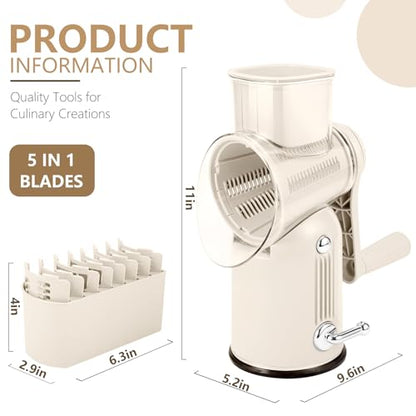 Rotary Cheese Grater with Handle: 5-in-1 Cheese Grater Hand Crank, Strong Suction Base for Fruit Vegetables Nuts with Blade Storage Box (White) - color: White