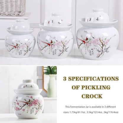Peach Blossom and Bird Pattern Pickle Jar, Jingdezhen Porcelain with Ink Painting, Double-lid Fermentation Crock, Water-Sealed Ceramic Kimchi Jar(3.5kg/123.4oz) - size: 3.5kg/123.4oz