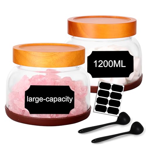 SAIOOL 2-Pack Striped Borosilicate Glass Airtight Canisters - Big mouth Large Capacity, Acacia Wood Lid, Food Storage Jars for Flour, Pasta, Pantry Organization (1200ml Gallon （Strew 2 pack）) - size: 0.32 Gallon (Strew 2 pack)