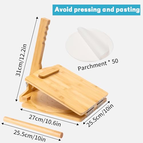 NEW Wooden Corn Tortilla Press,10 Inch Corn Tortilla Press, Built-In Rotating Disc Double Press, Comes With 50 Sheets Of Parchment Paper And A Rolling Pin, Suitable For Making Pancake, Chicken Wrap