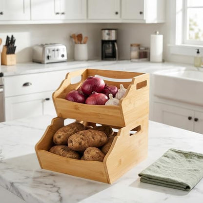 Cididu 2 Pack Bamboo Stackable Storage Bin, Countertop Open Front Stacking Bins, 2 Tier Organize Basket Box with Handle, Food Fruit Container for Cabinet, Kitchen, Studio, Office