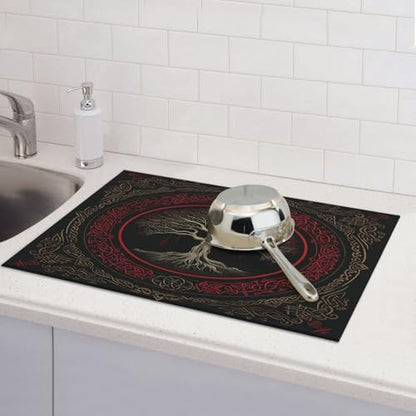 Kitchen Drying Mat for Countertop Gothic Tree Of Life Design Non-Slip Kitchen Counter Mat for Dishes Glassware - color: Red Gold