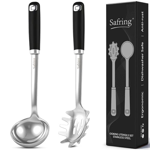 Safring Stainless Steel Soup Ladle and Spaghetti Spoon Set, Heat Resistant Rubber Handle, Dishwasher Safe, Kitchen Utensils for Cooking, Stirring, Serving Pasta, Soup & Sauce - color: Black & Stainless Steel