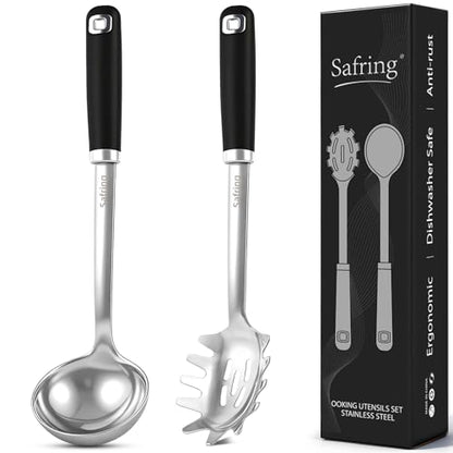 Safring Stainless Steel Soup Ladle and Spaghetti Spoon Set, Heat Resistant Rubber Handle, Dishwasher Safe, Kitchen Utensils for Cooking, Stirring, Serving Pasta, Soup & Sauce - color: Black & Stainless Steel
