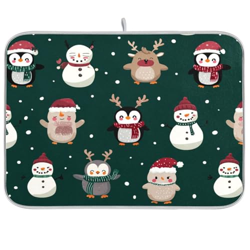 Christmas Penguins Snowmen Green Dish Drying Mat for Kitchen Counter Drainer Rack Mats for Dishes Washable Absorbent Draining Heat Resistant Pad for Countertop 18x24 - color: Christmas Penguins Snowmen Green, size: 18'' x 24''