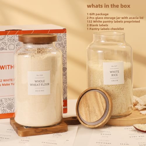 2 Pack Large Glass Flour and Sugar Storage Containers with Airtight Acacia Lids and 132 Kitchen Pantey Labels Preprint - 95 LF OZ Borosilicate Glass Canister Sets for Food,Spaghetti,Cookie,Rice - size: 95oz-2 Pack