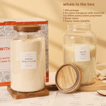 2 Pack Large Glass Flour and Sugar Storage Containers with Airtight Acacia Lids and 132 Kitchen Pantey Labels Preprint - 95 LF OZ Borosilicate Glass Canister Sets for Food,Spaghetti,Cookie,Rice - size: 95oz-2 Pack