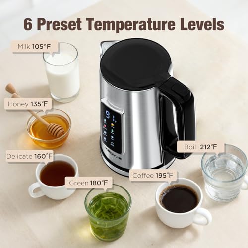 KEINVE 1.7L Electric Kettle, Touch Screen Water Boiler, No Plastic Interior, Double Wall, 6 Preset Temperatures, Fast Boil, and STRIX Control
