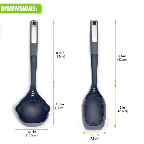 Flexible & Sturdy Kitchen Ladle Spoon Set for Nonstick Pots n Pans | Heat-Resistant Soup Ladle Canning Serving Spoons with Measurement Marks | Dishwasher Safe Cooking Utensil Tools