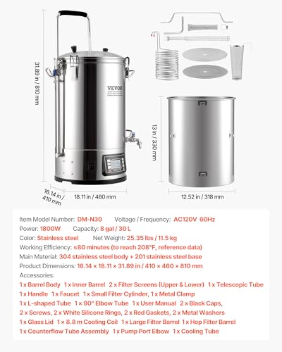 VEVOR Electric Brewing System, 9.2 Gal/35 L Brewing Pot, All-in-One Home Beer Brewer w/Pump, Mash Boil Device w/Panel, Auto/Manual Mode 100-1800W Power 25-100℃ Temp 1-180 min Timer Recipe Memory - size: 9.2 Gal