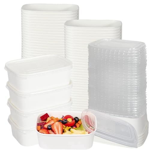 50 Pack Disposable Salad Bowls with Lids, 25 OZ White Kraft Paper Food Containers, Oil-Proof Rectangular Soup Bowls for Meal Prep Snack Takeout, Microwave Freezer Safe