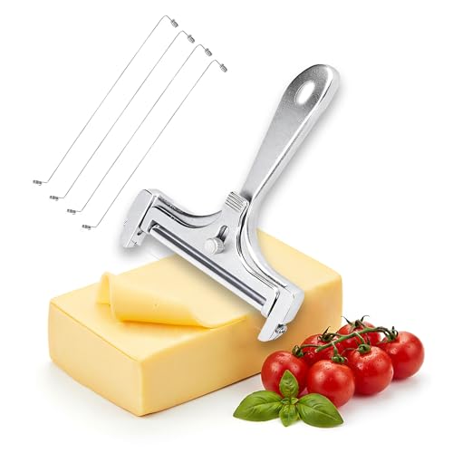 OYEWALLS Adjustable Wire Cheese Slicer for Block Cheese, Handheld Stainless Steel Cheese Cutter with 4 Extra Wires, Premium Rolling Cheese Wire Slicer for Mozzarella, Cheddar, Gruyere - color: Silver