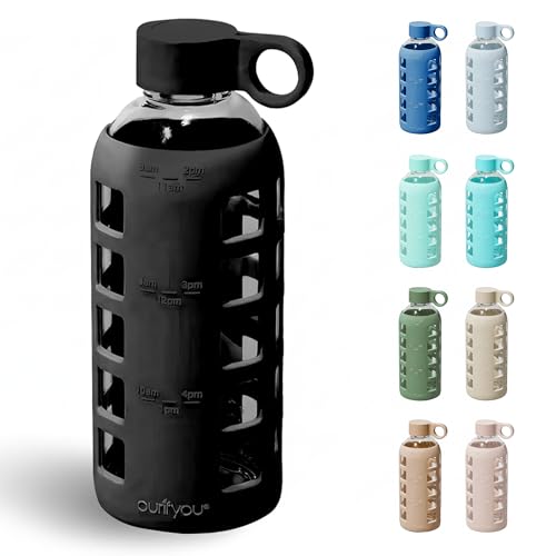 purifyou 40oz / 32oz / 22oz / 12oz Borosilicate Glass Water Bottle with Time & Volume Markers, Silicone Sleeve, Stainless Steel Lid | Reusable Glass Bottle for Water & Juice (22oz Jet Black) - color: Jet Black (1 Count), size: 22 Ounces