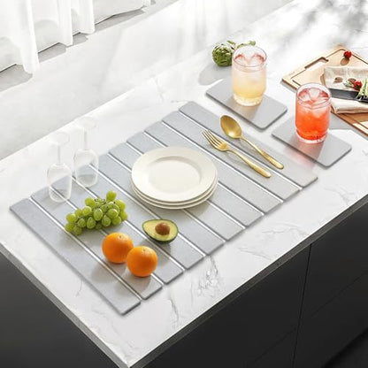 Large Stone Dish Drying Mat for Kitchen Sink Countertop Dish Drainer Diatomaceous Earth Mat Collapsible Dishes Rack Drying Tray Water Absorbent Quick Draining Pads Fast Foldable Bathroom Drying Mats - color: Light Gray