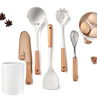 6pcs White Mini Silicone Kitchen Utensils Set, Non-stick Kitchenware Spatula Set with Holder, Cooking Tools Accessories. Include Turner, Soup Spoon, Pasta Server, Whisk, Fruit Knife. - color: 6pcs cooking utensils