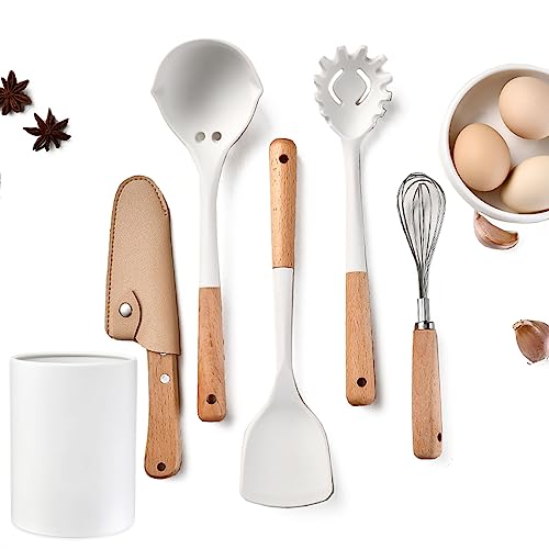 6pcs White Mini Silicone Kitchen Utensils Set, Non-stick Kitchenware Spatula Set with Holder, Cooking Tools Accessories. Include Turner, Soup Spoon, Pasta Server, Whisk, Fruit Knife. - color: 6pcs cooking utensils