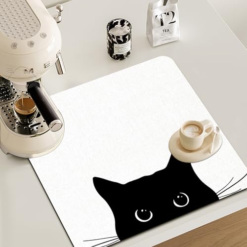 Black Cat Dish Drying Mat - Funny Black Cat Absorbent Dish Drying Mat for Kitchen Counter, Coffee Bar Mat, Coffee Maker Mat for Countertops, 16x17.5 Inch