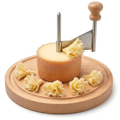 Cheese Curler for Making Rose-Shaped Cuts, Stainless Steel Blade | Manual Cheese Shaver, Compatible with 16-18 cm Tête De Moine Cheese Wheel, Non-Slip Wood Base, Fasteners, Rotating Hand-Crank
