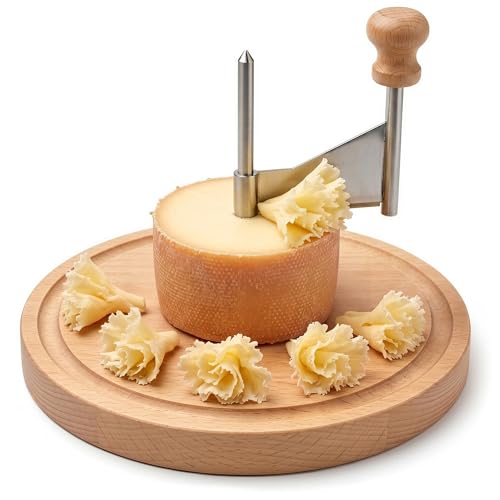 Cheese Curler for Making Rose-Shaped Cuts, Stainless Steel Blade | Manual Cheese Shaver, Compatible with 16-18 cm Tête De Moine Cheese Wheel, Non-Slip Wood Base, Fasteners, Rotating Hand-Crank
