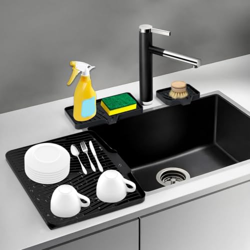 Silicone Dish Drying Mat for Kitchen counter, 15.8"x13" Extra Large Non-Slip Drain Pad with Built-in Drainage, Heat Resistant Dishwasher Safe, Black - color: Black-set, size: 15.8" x 13"