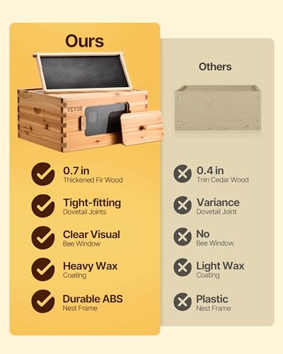VEVOR 10 Frame Bee Hive, Beeswax Coated Fir Wood, Bee Hives Starter Kit,2 Deep + 2 Medium Bee Boxes Langstroth Beehive Kit, Transparent Acrylic Windows with Foundations for Beginners Pro Beekeepers - size: Deep Box x 2+ Medium Box x 2