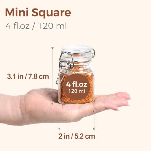 ComSaf Set of 6 Square Glass Spice Jars with Airtight Lids (4 Oz), Mini Favor Jars with Wire Clamp for Honey, Herbs & Farmhouse Kitchen Pantry Organization, with Funnel & Labels - size: 4oz*6