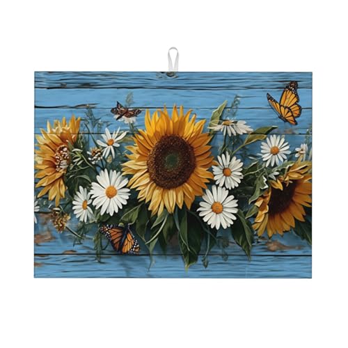 Sunflower Daisy Butterfly Wood Background Floral Large Dish Drying Mat For Kitchen Counter 18x24 Inch, Reversible Drainer Pad With Hanging Loop For Coffee Bar, Pots - color: Sunflower Daisy Butterfly Wood Background Floral 7