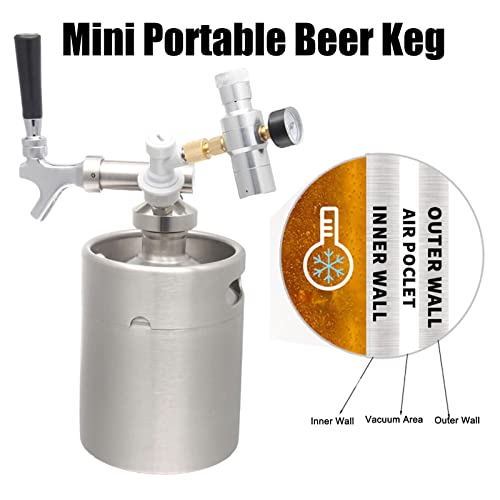 Portable Draft Keg System Stainless Steel Keg Mini Keg Draft System Stainless Steel Portable Mini Keg Dispenser Pressure Regulator Craft Beer Draft Home Brew,2L