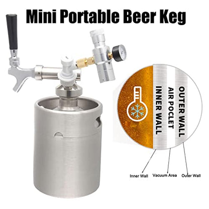 Portable Draft Keg System Stainless Steel Keg Mini Keg Draft System Stainless Steel Portable Mini Keg Dispenser Pressure Regulator Craft Beer Draft Home Brew,2L