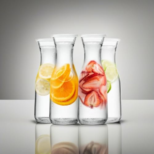 Kook Glass Carafe, Mimosa Bar Supplies, Carafe Pitchers with Lid, Glass Water Pitcher, Drink Dispensers for Parties, Tea, Wine, and Juice, Plastic Lids, Dishwasher Safe, 35 oz (set of 4) - color: Set of 4, 1 Liter