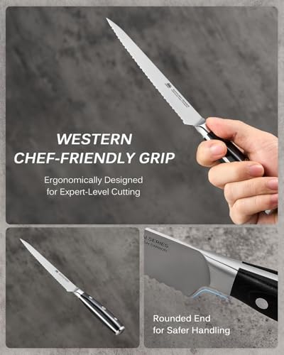 KYOKU 5.5 in. Serrated Utility Knife, Samurai Series Japanese Utility Chef Knife with Pakkawood Handle, German 1.4116 Stainless Steel Full Tang Sandwich Tomato Knife with Protective Sheath & Gift Box - size: 5.5", style: Utility Knife