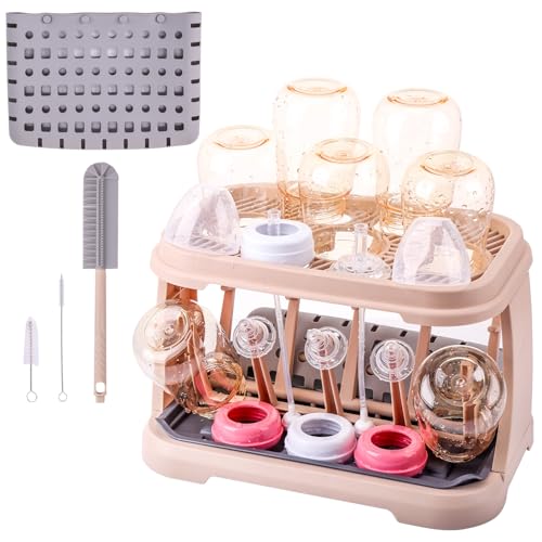 Baby Bottle Drying Rack with Brush & Dishwasher Basket - Space Saving Standing Drying Rack for Baby Bottles, Pump Parts & Accessories, Compact Organizer Holds Up to 8 Bottles (Pink Lotus Root) - color: （pink Lotus Root）