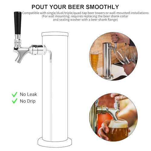 5FT PVC Beer Line & Stainless Beer Tower Faucet Beer Shank Kit, Self-Closing Beer Faucet Kegerator Tower Faucet Replacement Parts with 3/16'' ID Kegerator Line Beer Tap Cleaning Brush Cover Wrench Kit