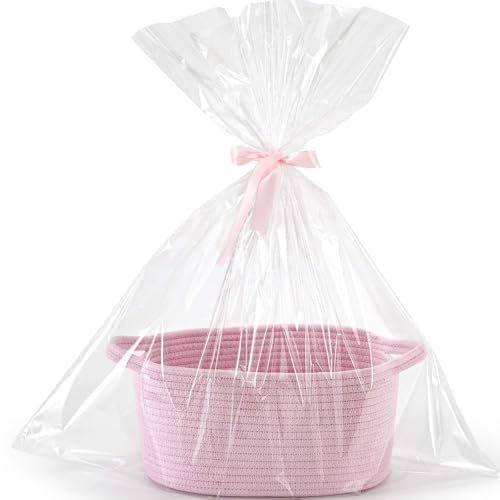 Happyiren Small Gift Basket with Gift Wrap Cellophane Bag and Ribbons, Gift Baskets for Christmas Thanksgiving Birthday Baby Shower Raffle Burr, - Rope Decorative Storage Organizer Container - color: Bright Pink+Cellophane & Ribbon, size: 1 Pack