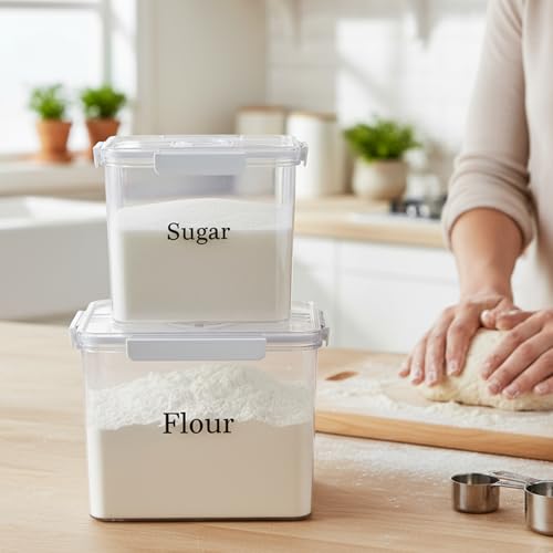 2 Pack Flour Sugar Storage Container,Plastic Food Storage Containers with Airtight Lids,Canisters Sets for The Kitchen,Sugar,Flour,Cereal,Baking Supplies,Rice,Pantry Organization Bin(5.2&2.9L)