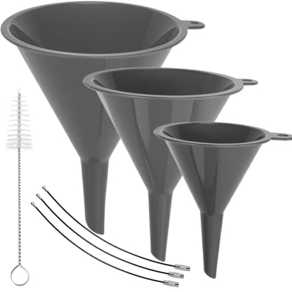 Plastic Kitchen Funnel Set, Round Food Grade Funnels for Kitchen Use Filling Bottles&Canning, Multifunctional Funnels Suitable for Cooking, Lab and Automotive Use, Grey(3 Steel Loops + 1 Clean Brush)