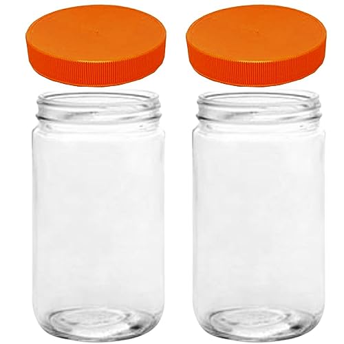 JARMING COLLECTIONS Mason Jars 32 Oz Extra Wide Mouth Glass Jars with Lids - Storage Glass Jars 32 oz with Lids - Quart Container with Lids - Made in the USA (Set of 2) - color: 2 Orange Plastic Lids