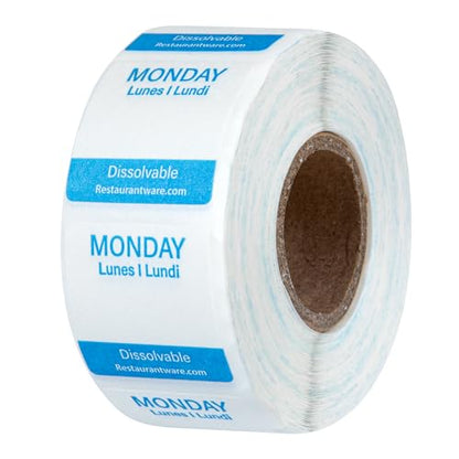 Restaurantware RW Smart 1 Inch x 1 Inch Food Rotation Labels 3500 Dissolvable Food Safety Labels - Premium Trilingual Paper Day Of The Week Labels For Food Storage Or Prep Weekly - style: 7-Day