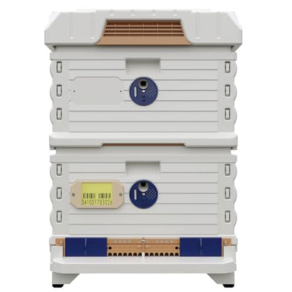 Apimaye Ergo Insulated Bee Hive Set with Wood Frames with Premier Double Wax Foundations (Double) (White Body Blue Entrance, Double)