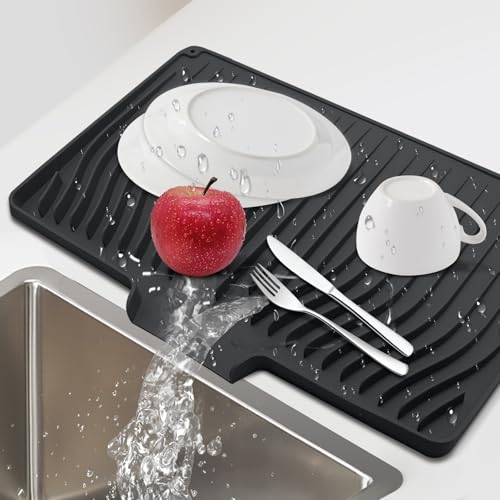 Silicone Dish Drying Mat for Kitchen Countertops and Sinks,19 x13.7 Inch Non Slip Heat Resistant Mat with Built In Drainage System,For Refrigerator and Drawer Liners (black, 19 x13.7 Inch) - color: Black