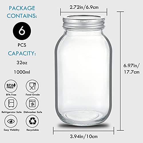 YEBODA 32 oz Mason Jars Canning Jars with Airtight Lids and Bands 6 Pack Ideal for Preserving, Meal Prep, Overnight Oats, Jam, Jelly, Jams, Spice, Sauces, Salads, Yogurt, Wedding Favors