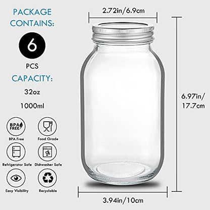 YEBODA 32 oz Mason Jars Canning Jars with Airtight Lids and Bands 6 Pack Ideal for Preserving, Meal Prep, Overnight Oats, Jam, Jelly, Jams, Spice, Sauces, Salads, Yogurt, Wedding Favors