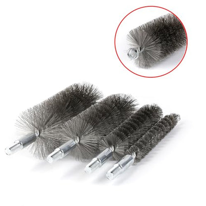 50 in Pipe Cleaning Brush Set with Stainless Steel Bristles, Wire Brush with 4 Flexible Rods, Stainless Steel Pipe Brush 4pcs for Auto Parts, Bottles, Tubes. (3/5, 1, 1 3/5, 2 in Brush Heads)