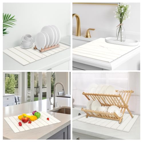 Large Stone Drying Mat for Kitchen Counter - 24"x16"Quick Drying Fast Absorbent Non-Slip kitchen Dish Drying Mats, Friendly Foldable Diatomaceous Earth Mats for Dishes Cups,Match Any Countertop