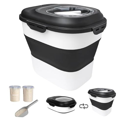 20-50 Lbs Food Storage Containers,Collapsible Rice Container with Wheel Airtight Locking Lid,Flour Storage Container with Small Food Container and Scoop,Suitable for Food,Rice,Pet Food,Flour - color: Black/20-50LBS