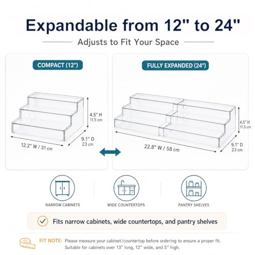 Expandable Can Rack Organizer for Pantry:3-Tier Clear Acrylic Canned Food Storage Holder, Adjustable Pantry Shelf for Kitchen Cabinet & Countertop, Holds Up to 24 Cans