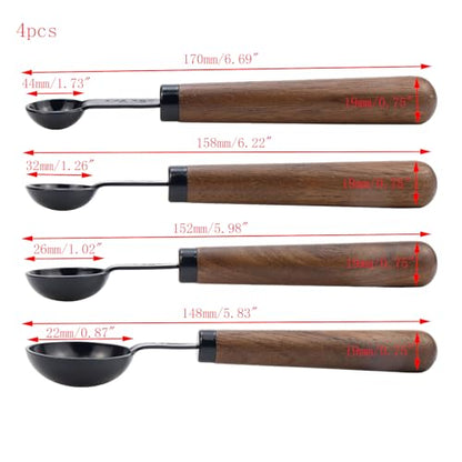 Set of 4 Measuring Spoons Black Measuring Scoops with Wooden Handle Stainless Steel Measuring Spoons Set for Kitchen Flour Spice Seasoning Measurement (15ml+5ml+2.5ml+1.25ml) - size: 1/16+1/48+1/96+1/192 Cup