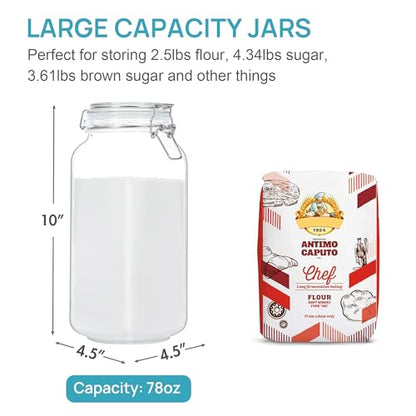 Vtopmart 78oz Glass Food Storage Jars with Airtight Clamp Lids, 3 Pack Large Kitchen Canisters for Flour, Sugar, Cereal, Coffee, Pasta and Canning, Square Mason Jars with 8 Reusable Labels